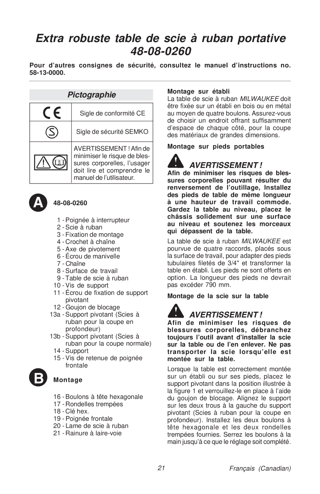 Milwaukee manual Extra robuste table de scie à ruban portative 48-08-0260, Pictographie 