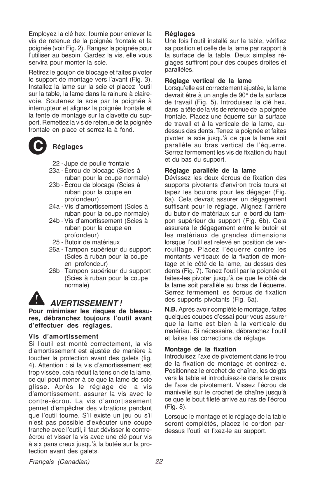 Milwaukee 48-08-0260 manual Réglages, Réglage vertical de la lame, Réglage parallèle de la lame, Montage de la fixation 