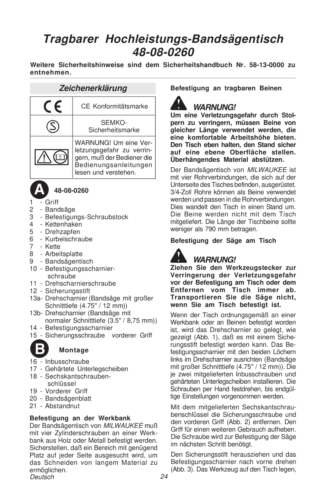 Milwaukee manual Tragbarer Hochleistungs-Bandsägentisch 48-08-0260, Zeichenerklärung, Befestigung an der Werkbank 