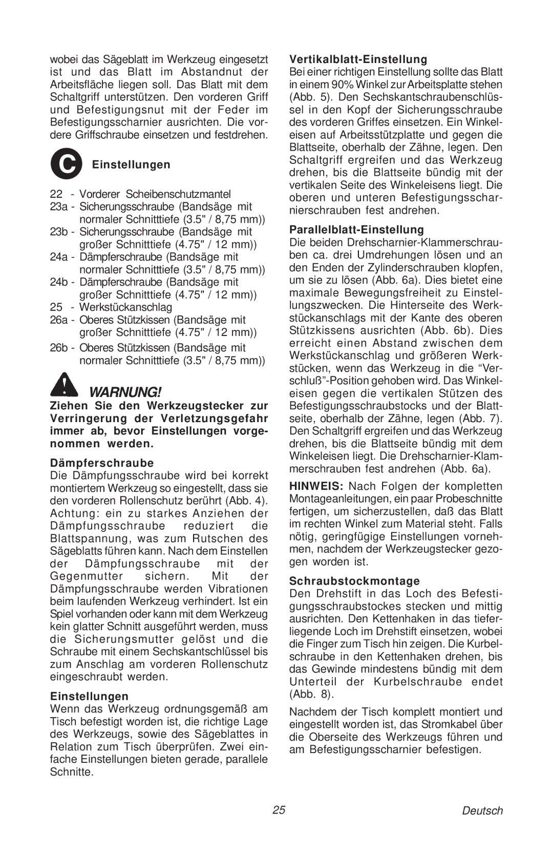 Milwaukee 48-08-0260 manual Einstellungen, Vertikalblatt-Einstellung, Parallelblatt-Einstellung, Schraubstockmontage 