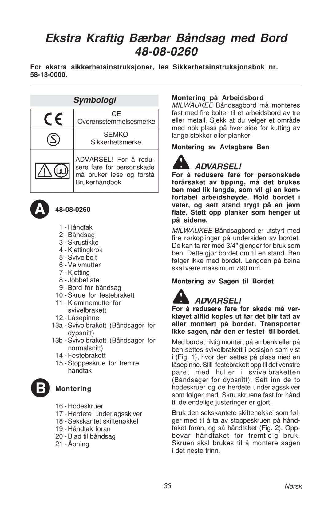 Milwaukee manual Ekstra Kraftig Bærbar Båndsag med Bord 48-08-0260, Symbologi, Montering av Sagen til Bordet 