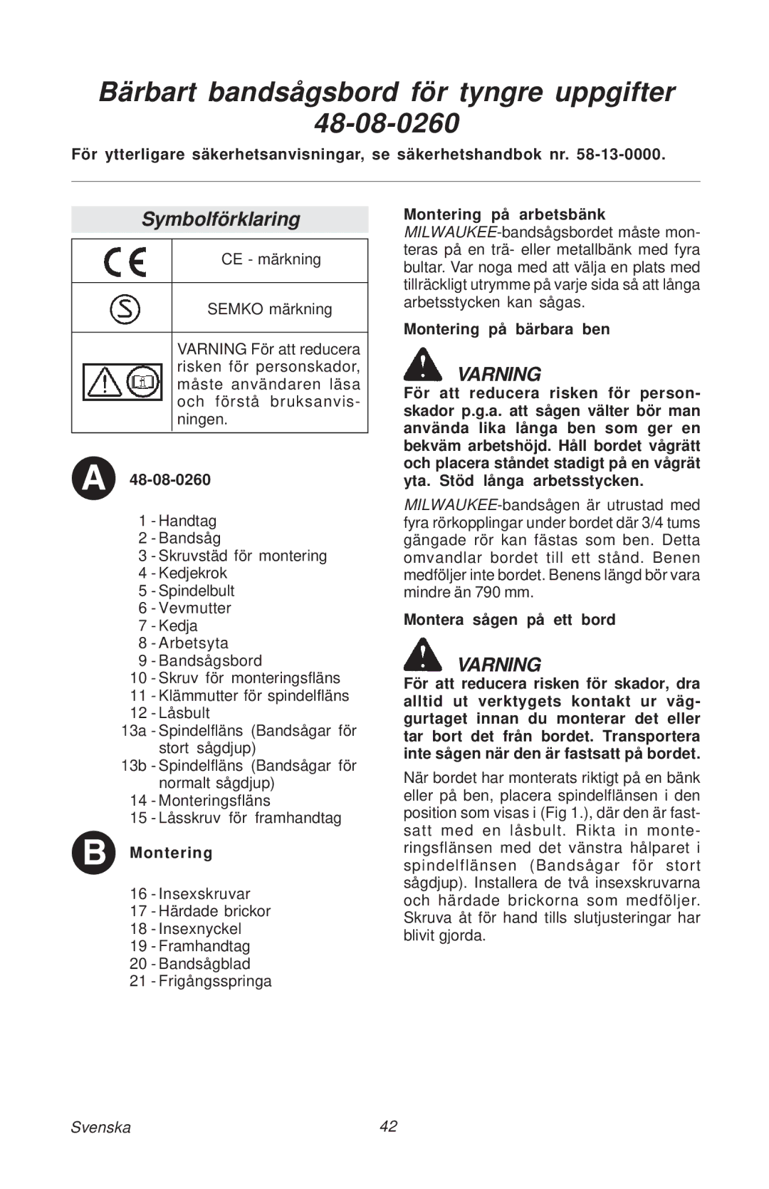 Milwaukee manual Bärbart bandsågsbord för tyngre uppgifter 48-08-0260, Symbolförklaring, Montera sågen på ett bord 