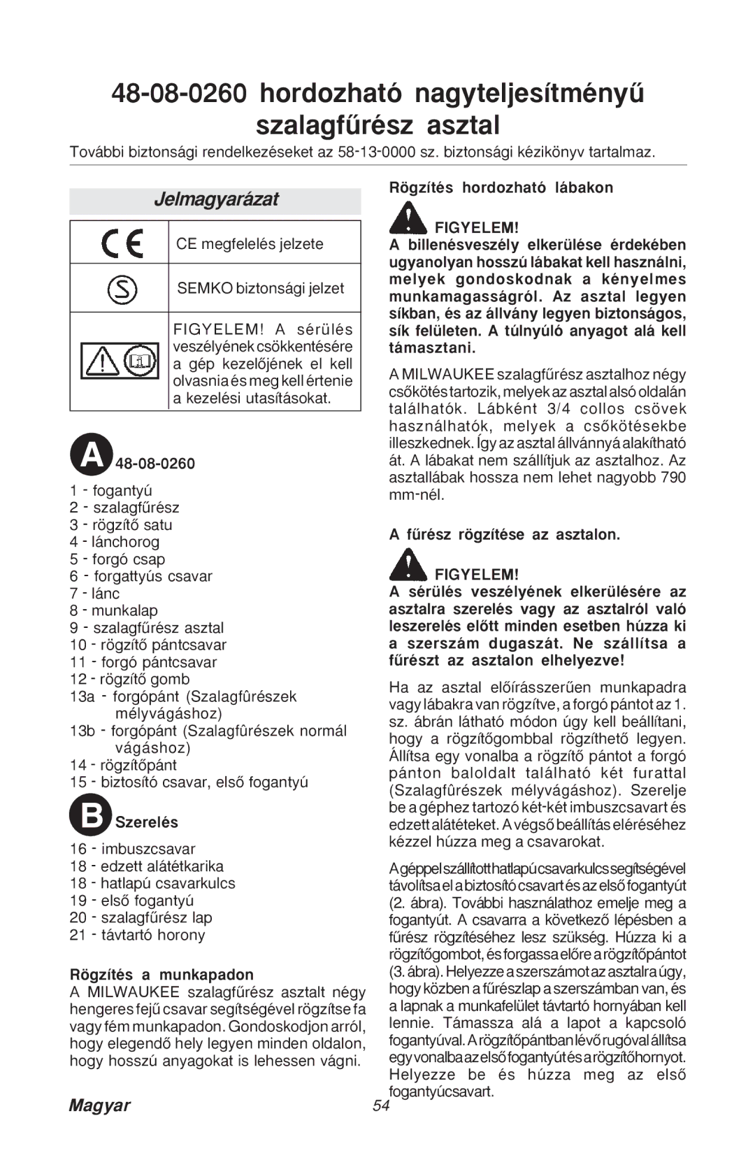 Milwaukee 48-08-0260 manual Jelmagyarázat, CE megfelelés jelzete Semko biztonsági jelzet, Rögzítés hordozható lábakon 