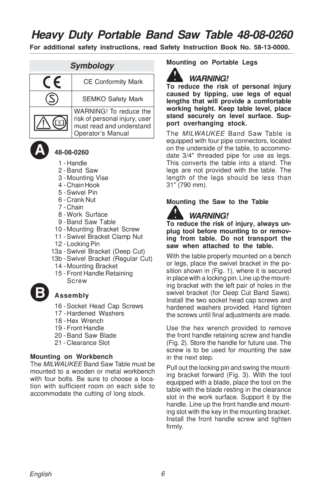 Milwaukee 48-08-0260 manual Heavy Duty Portable Band Saw Table, Symbology 