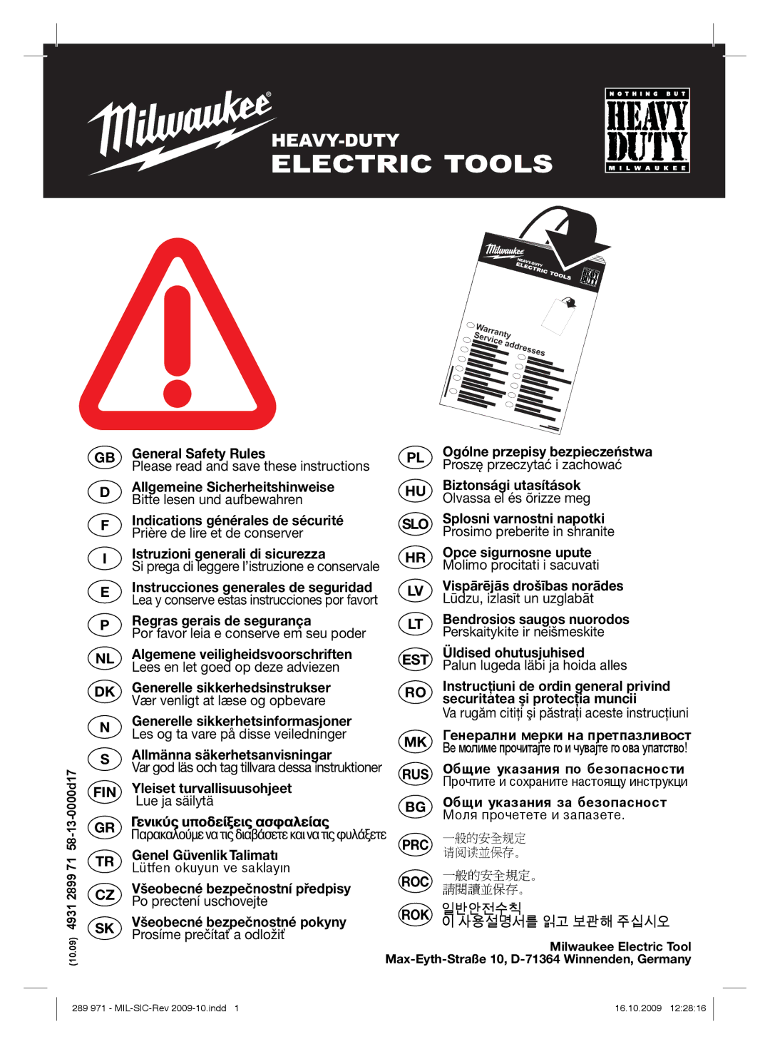 Milwaukee 48-08-0260 manual General Safety Rules, Warranty 