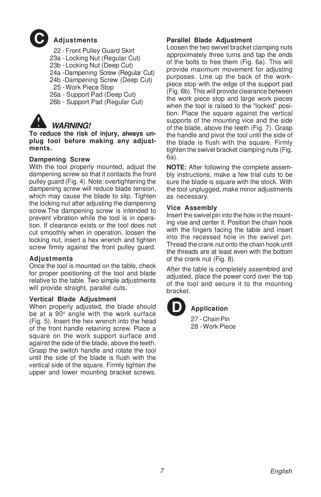 Milwaukee 48-08-0260 manual Adjustments, Vertical Blade Adjustment, Parallel Blade Adjustment, Vice Assembly, Application 