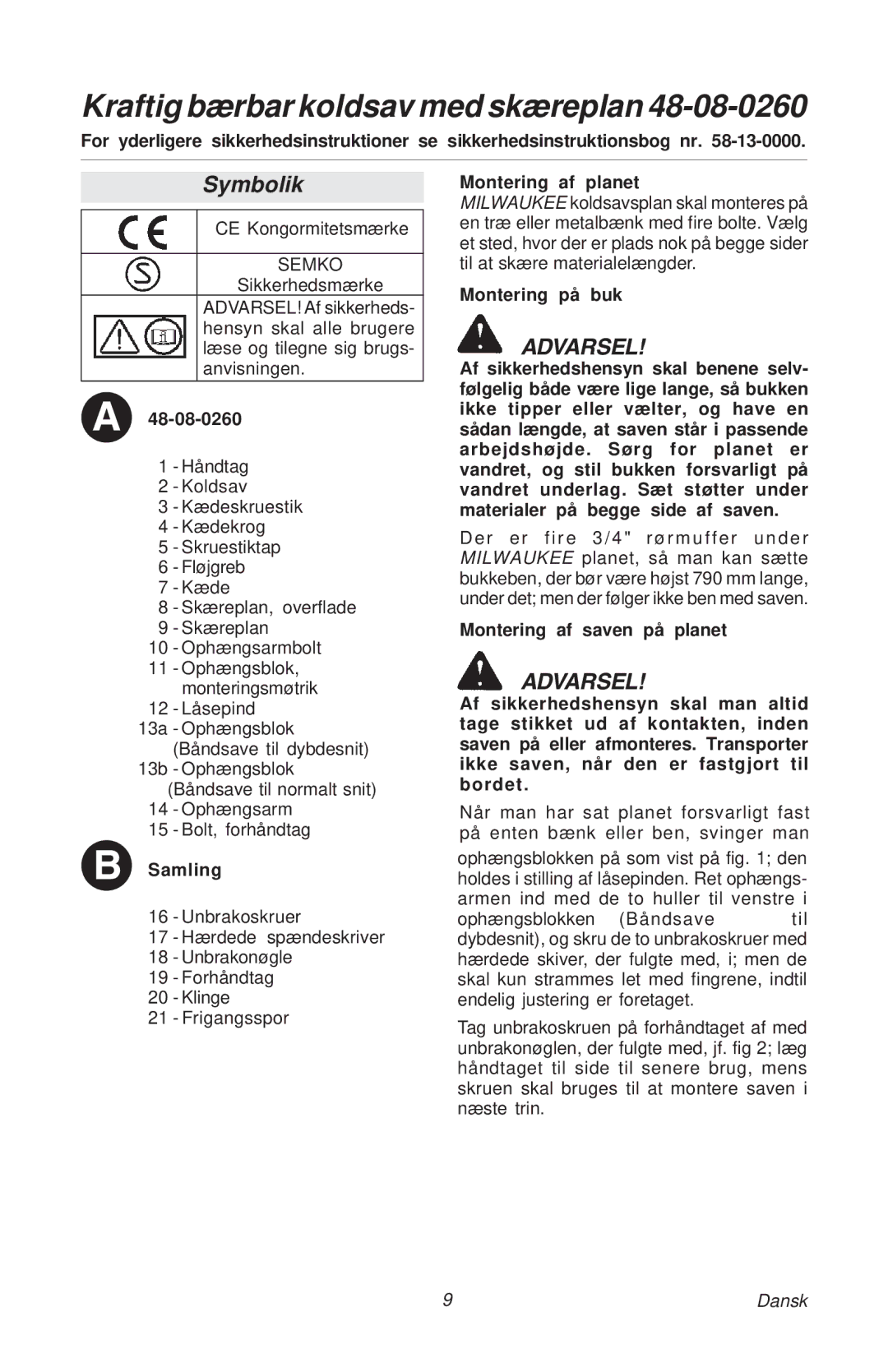 Milwaukee 48-08-0260 manual Kraftig bærbar koldsav med skæreplan, Symbolik, Samling, Montering af planet, Montering på buk 