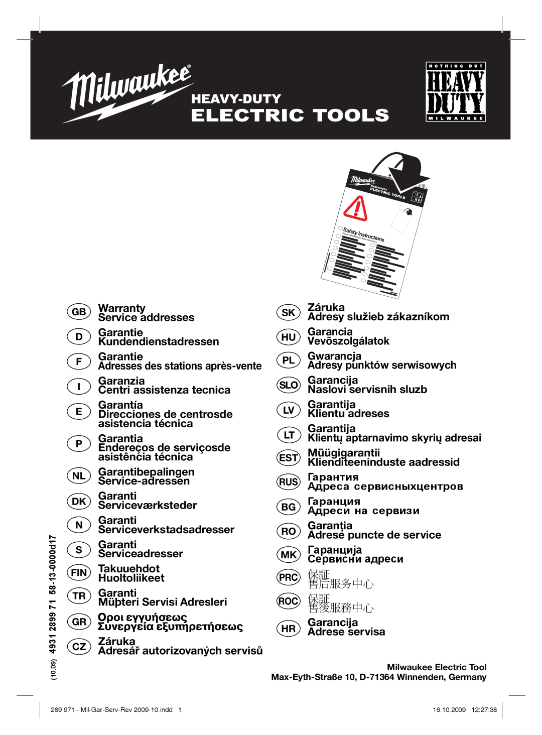 Milwaukee 48-08-0260 GB Warranty Service addresses Garantie Kundendienstadressen, Garanzia, Centri assistenza tecnica 