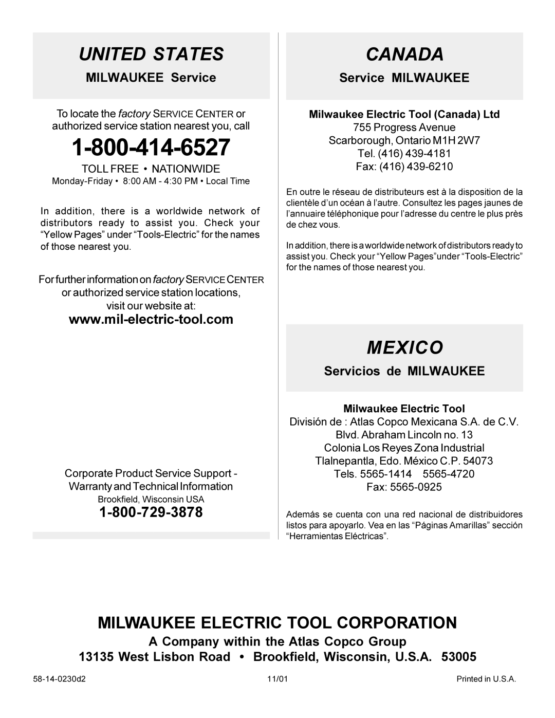 Milwaukee 48-59-0231 manual United States, Milwaukee Electric Tool Corporation 