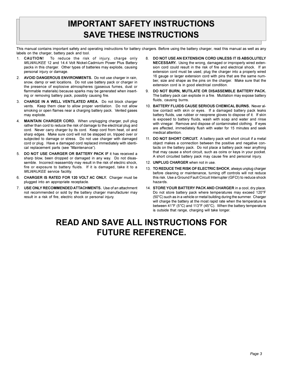 Milwaukee 48-59-0231 manual Important Safety Instructions, Read and Save ALL Instructions for Future Reference 