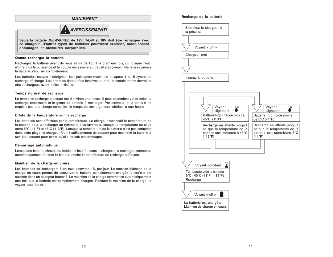 Milwaukee 48-59-0255 Maniement Avertissement, Temps normal de recharge Recharge de la batterie, Démarrage automatique 