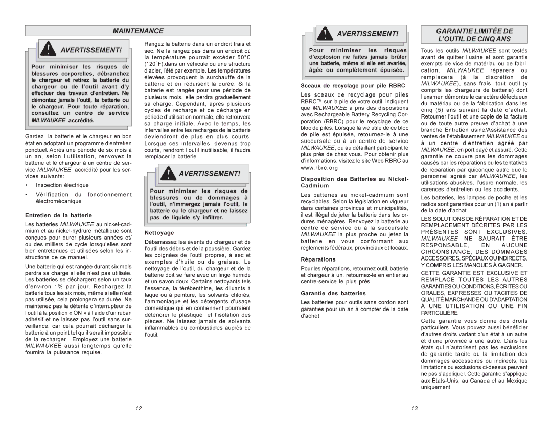 Milwaukee 48-59-0255 manual Entretien de la batterie, Réparations, Garantie des batteries 