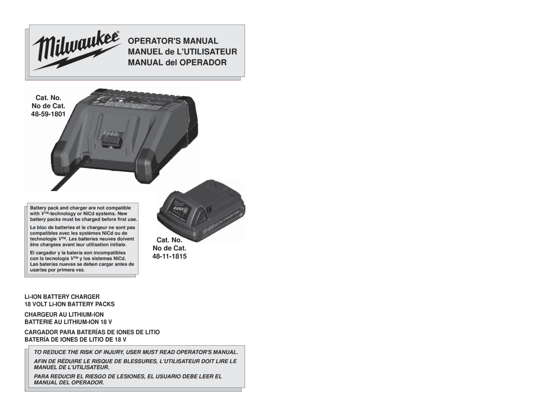 Milwaukee 48-11-1815, 48-59-1801 manual Operators Manual, Li-ION Battery Charger Volt Li-ION Battery Packs 