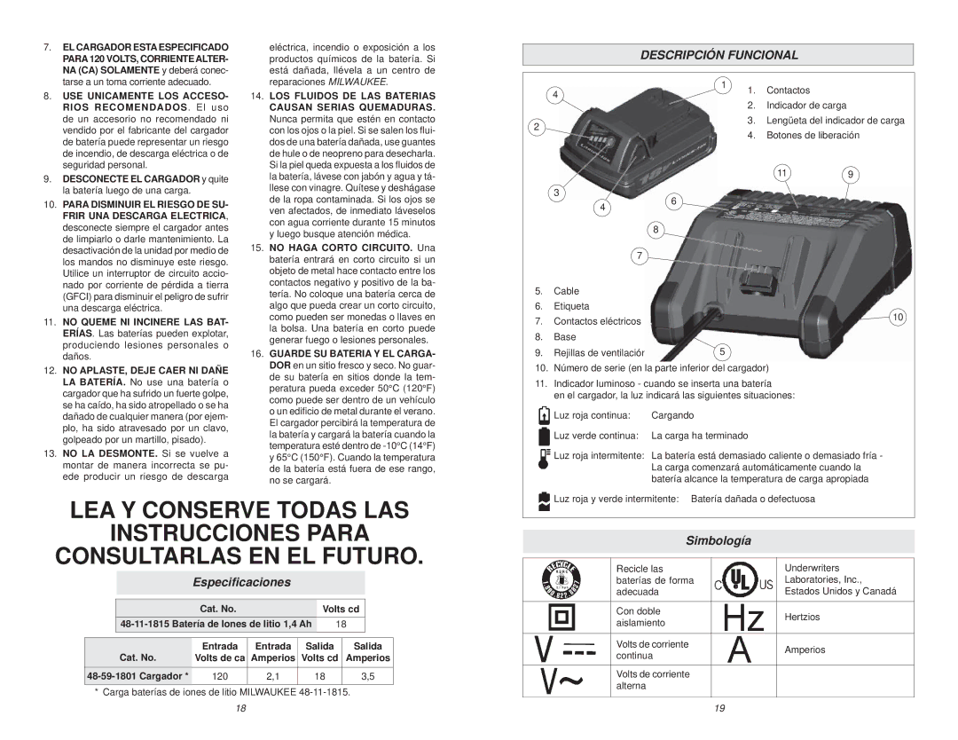 Milwaukee 48-59-1801, 48-11-1815 manual Descripción Funcional, Especiﬁcaciones, Simbología, Cat. No Volts cd 