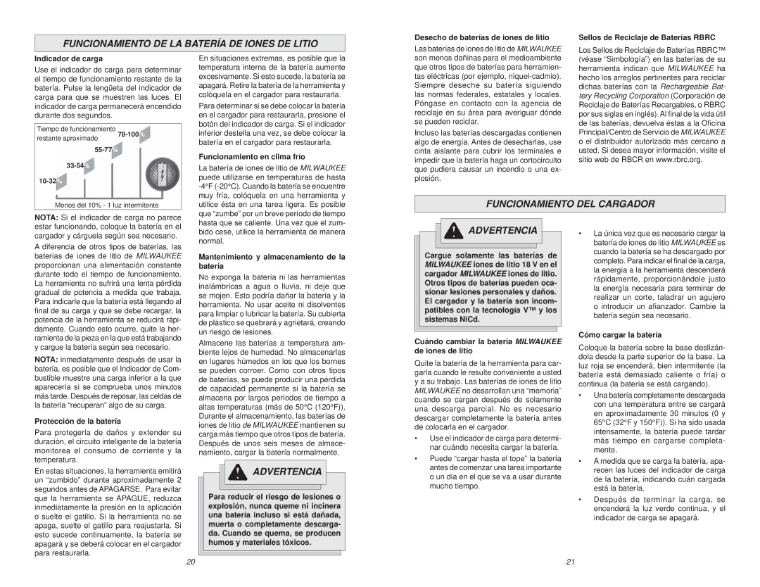 Milwaukee 48-11-1815, 48-59-1801 manual Funcionamiento DE LA Batería DE Iones DE Litio, Funcionamiento DEL Cargador 