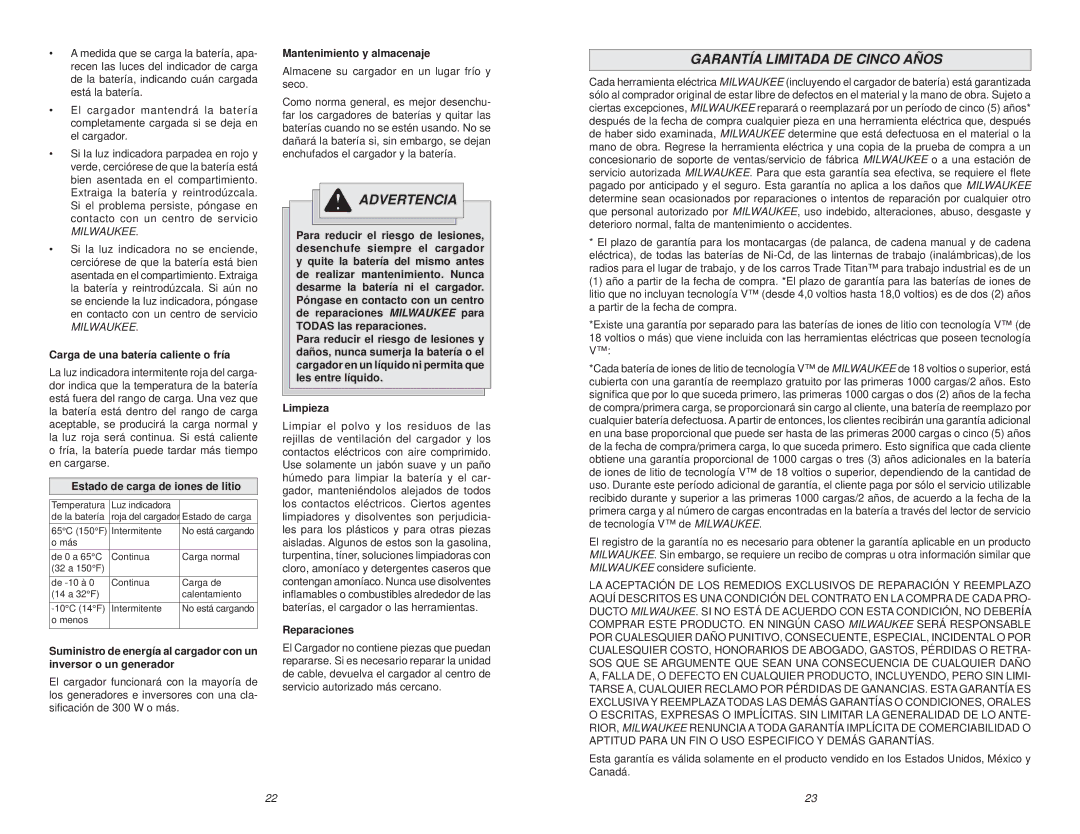 Milwaukee 48-59-1801 Garantía Limitada DE Cinco Años, Carga de una batería caliente o fría, Mantenimiento y almacenaje 