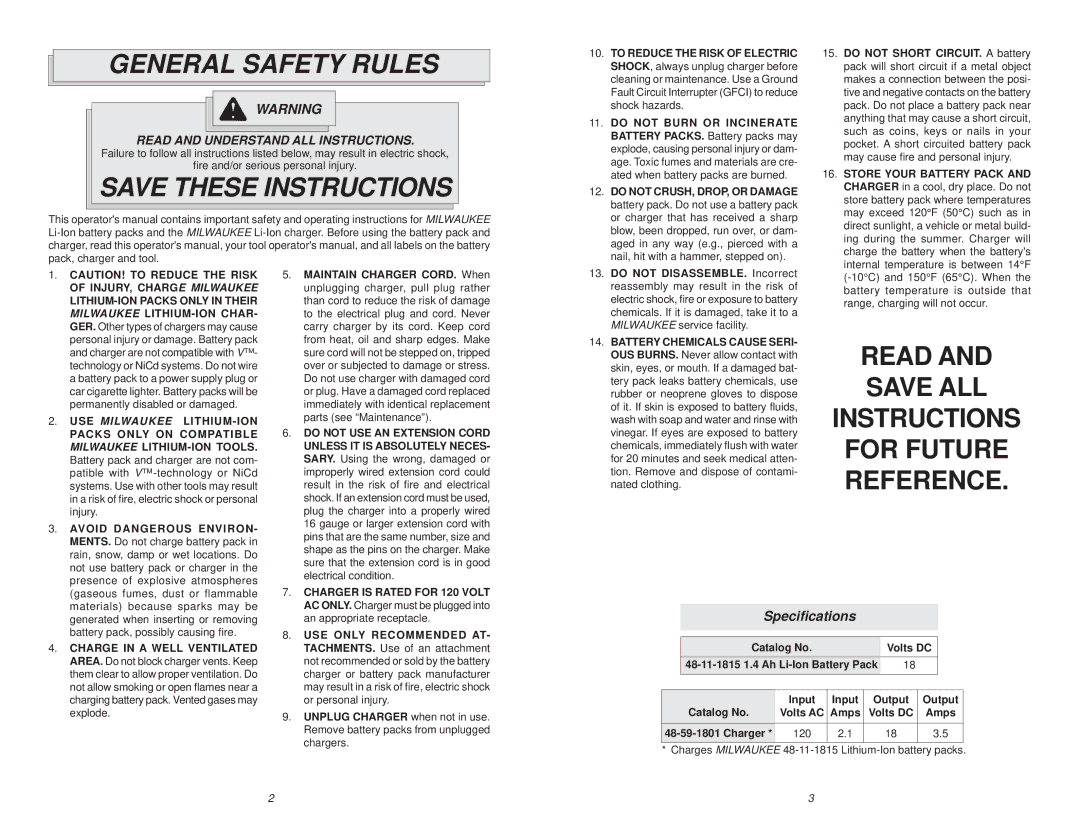 Milwaukee 48-59-1801, 48-11-1815 manual General Safety Rules, Speciﬁcations 