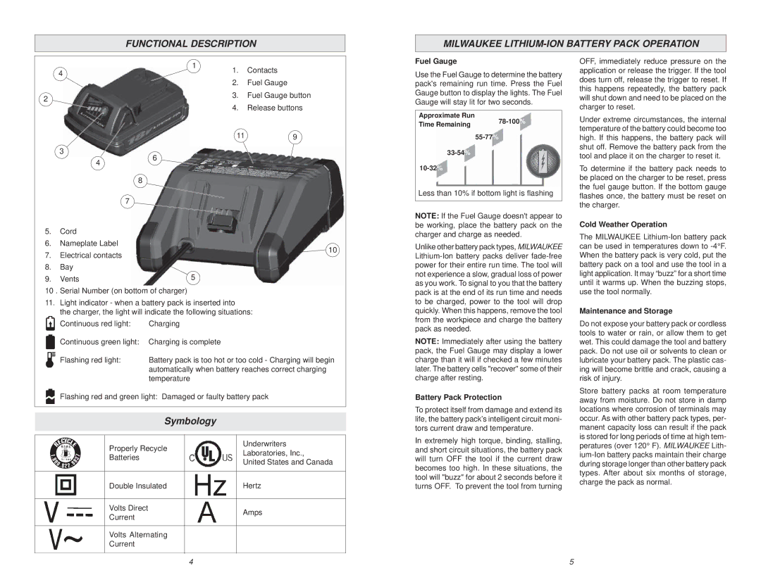 Milwaukee 48-11-1815 manual Symbology, Fuel Gauge, Battery Pack Protection, Cold Weather Operation, Maintenance and Storage 