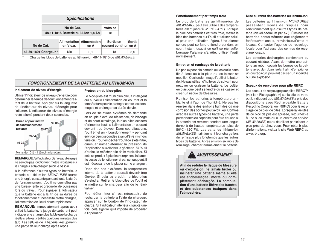 Milwaukee 48-11-1815, 48-59-1801 manual Spéciﬁcations, Fonctionnement DE LA Batterie AU LITHIUM-ION 