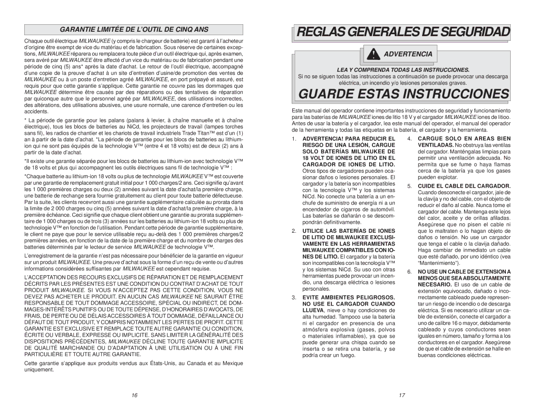 Milwaukee 48-11-1815 Reglas Generales DE Seguridad, Guarde Estas Instrucciones, Garantie Limitée DE L’OUTIL DE Cinq ANS 