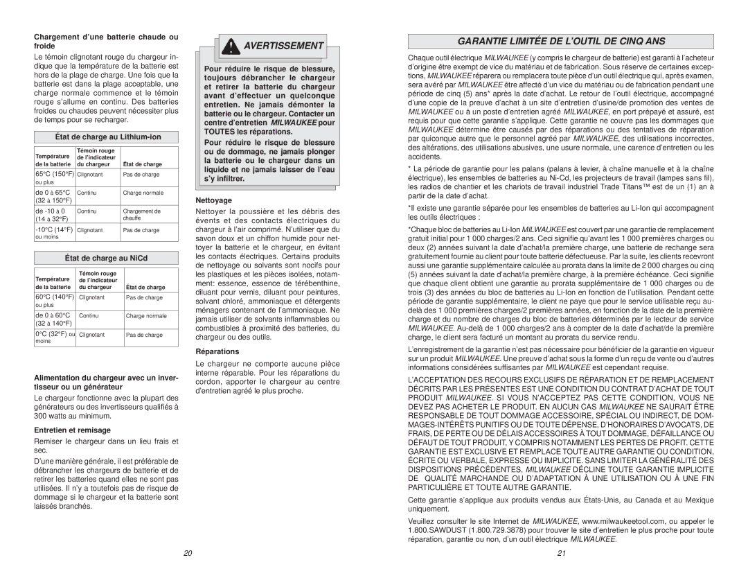 Milwaukee 48-59-2818 manual Garantie Limitée DE L’OUTIL DE Cinq ANS 