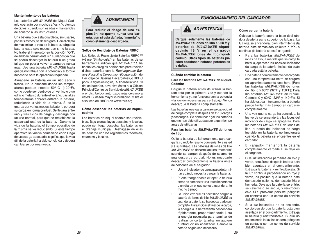 Milwaukee 48-59-2818 manual Advertencia Funcionamiento DEL Cargador, Mantenimiento de las baterías 