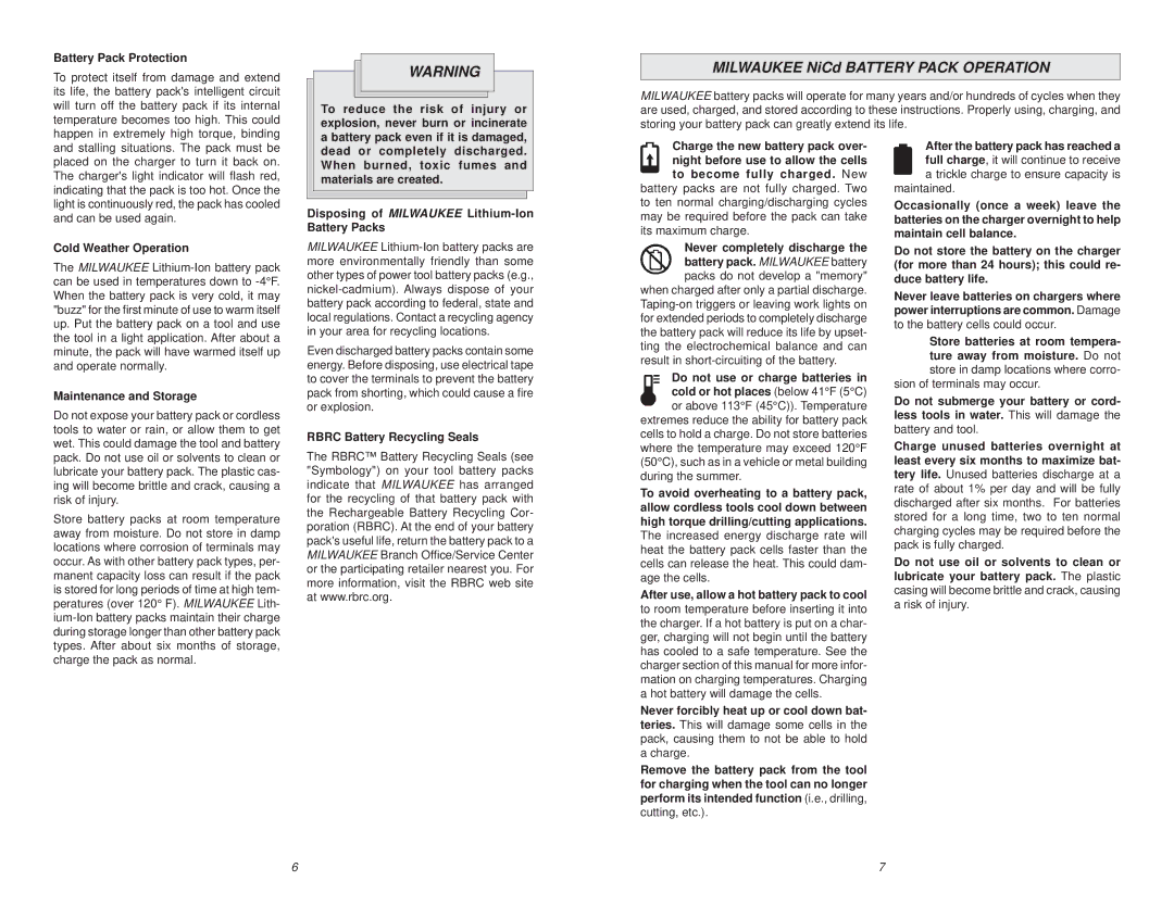 Milwaukee 48-59-2818 manual Milwaukee NiCd Battery Pack Operation, Battery Pack Protection, Cold Weather Operation 