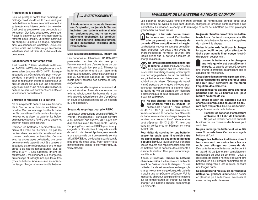Milwaukee 48-59-2818 Maniement DE LA Batterie AU NICKEL-CADMIUM, Protection de la batterie, Fonctionnement par temps froid 