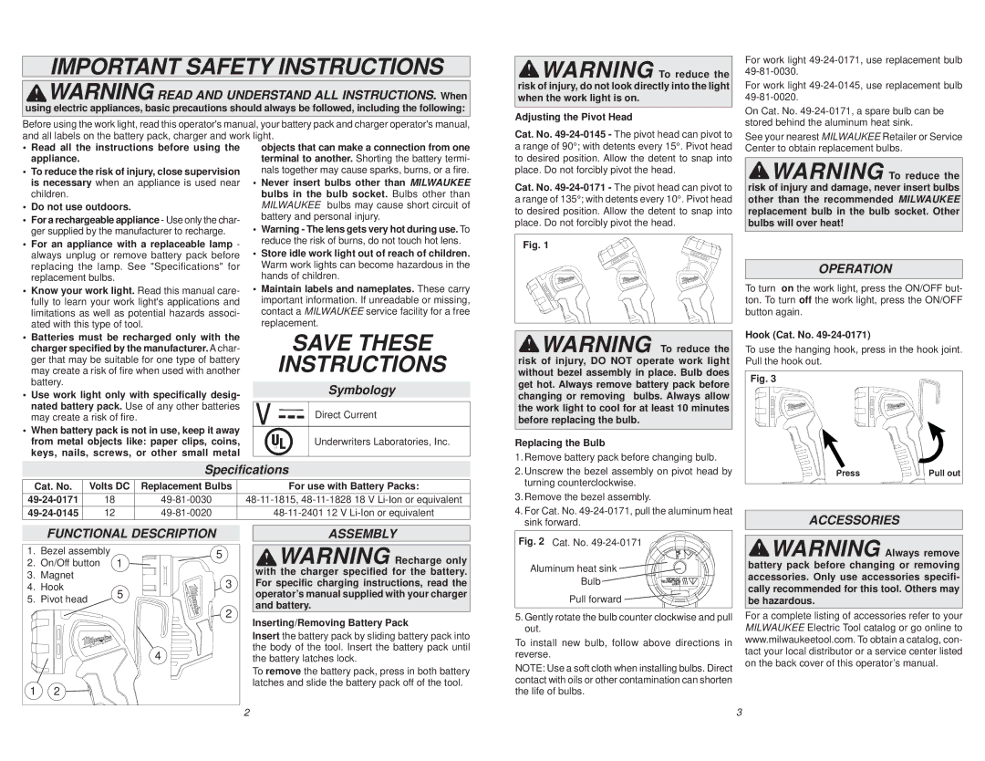 Milwaukee 49-24-0145, 49-24-0171 Important Safety Instructions, Operation, Accessories Functional Description, Assembly 