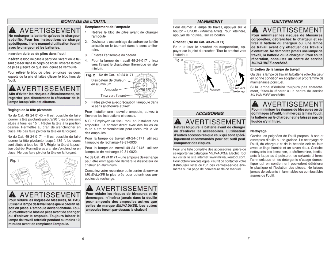 Milwaukee 49-24-0145 manual Avertissement, Av E R T I S S E M E N T, Montage DE Loutil Maniement Maintenance, Accesoires 