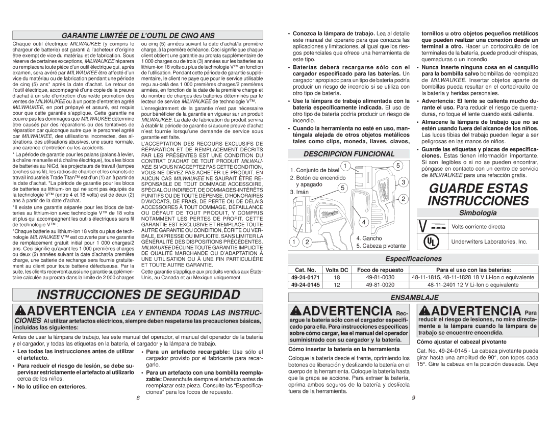 Milwaukee 49-24-0171, 49-24-0145 Guarde Estas Instrucciones, Instrucciones DE Seguridad, Advertencia Rec, Advertencia Para 