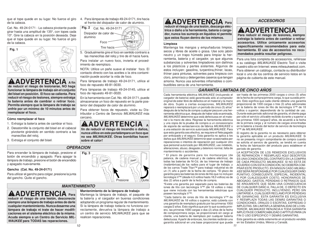 Milwaukee 49-24-0145, 49-24-0171 manual Advertencia a ﬁn 