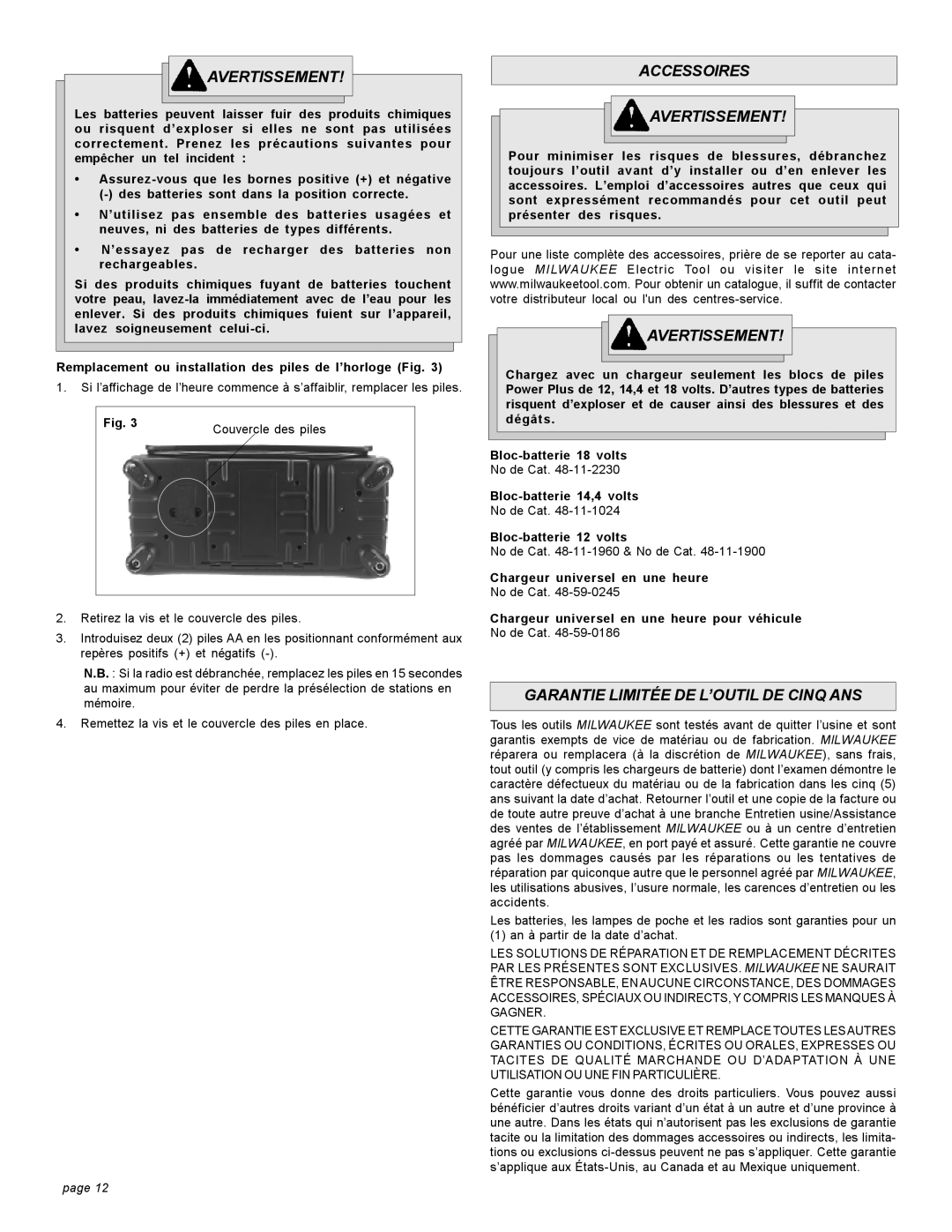 Milwaukee 49-24-0200 manual Accessoires Avertissement, Garantie Limitée DE L’OUTIL DE Cinq ANS 