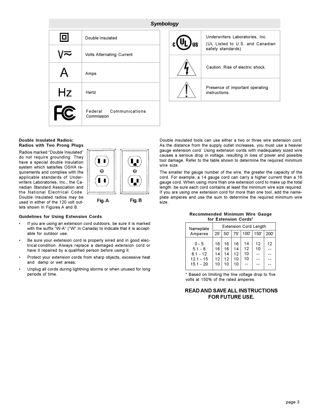 Milwaukee 49-24-0200 manual Double Insulated Radios Radios with Two Prong Plugs, Guidelines for Using Extension Cords 