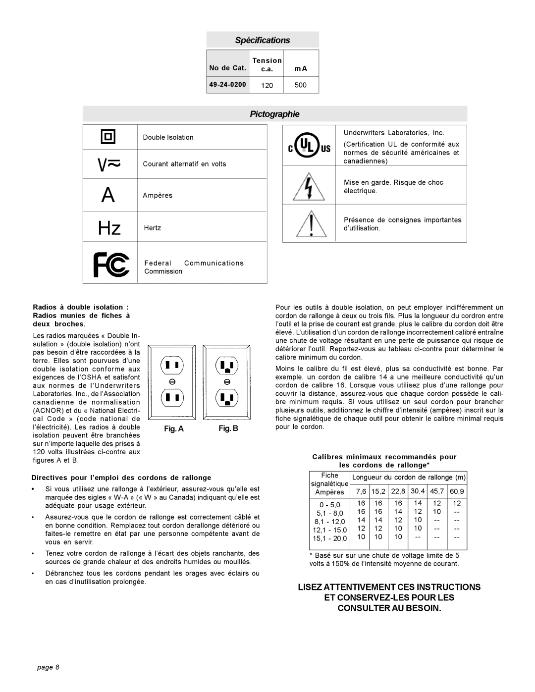 Milwaukee manual No de Cat Tension 49-24-0200 120 500, Directives pour l’emploi des cordons de rallonge 