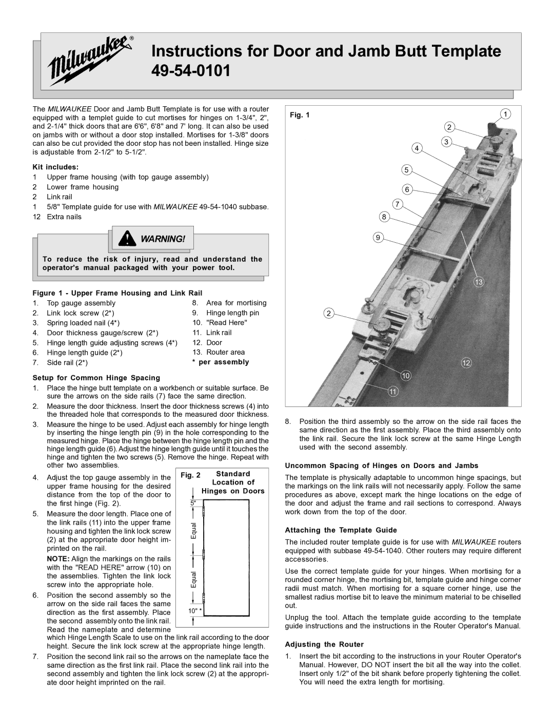 Milwaukee 49-54-0101, 49-54-1040 manual Kit includes, Per assembly, Setup for Common Hinge Spacing, Standard, Location 