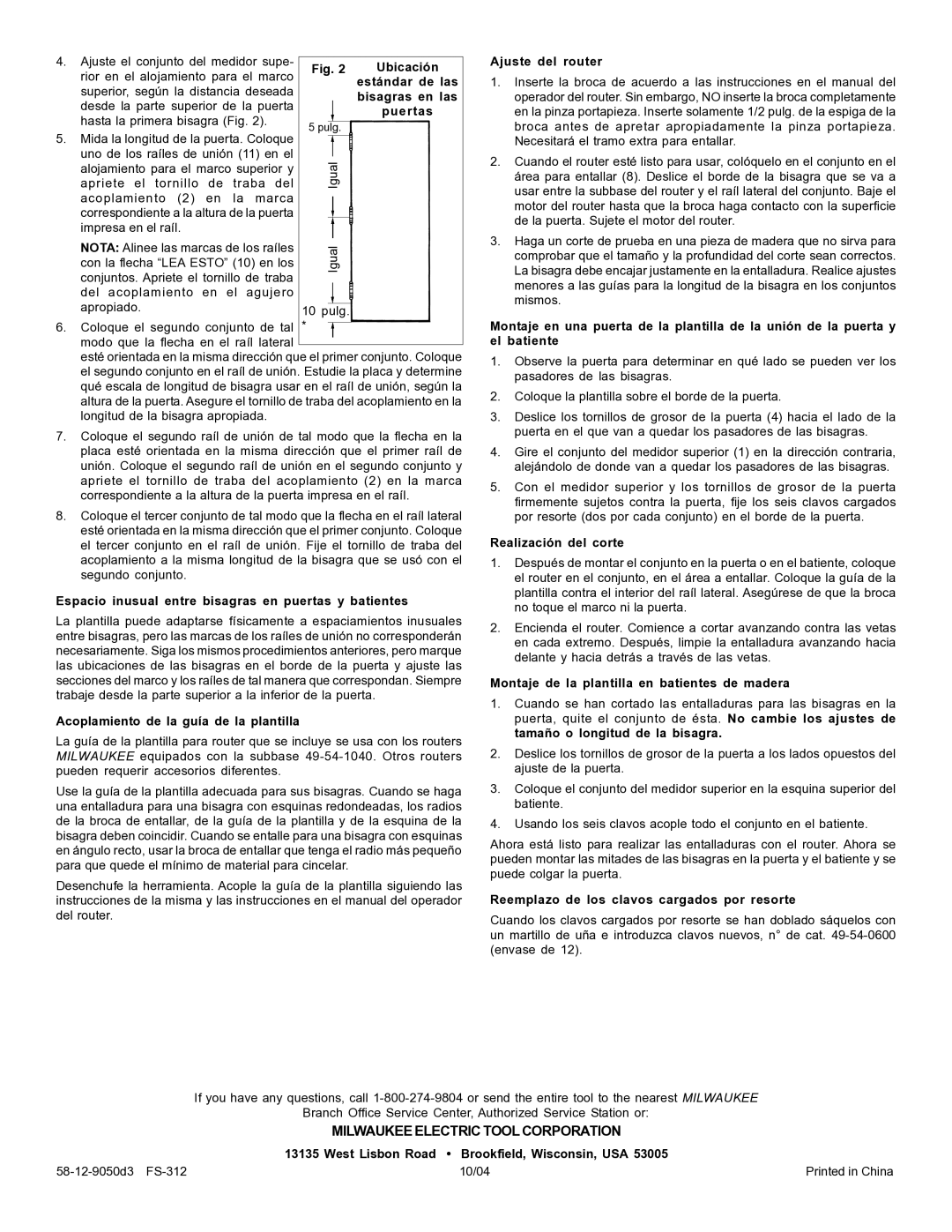 Milwaukee 49-54-1040 manual Ubicación, Estándar de las, Bisagras en las, Puertas, Acoplamiento de la guía de la plantilla 