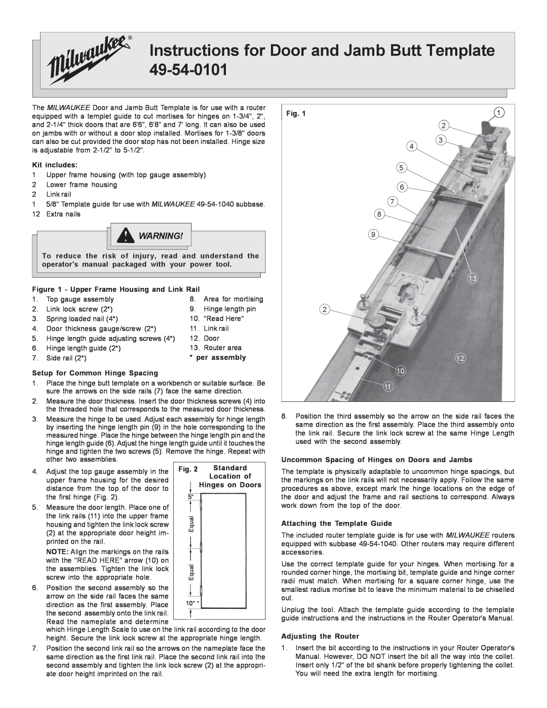 Milwaukee 49-54-0101, 49-54-1040 manual Instructions for Door and Jamb Butt Template 