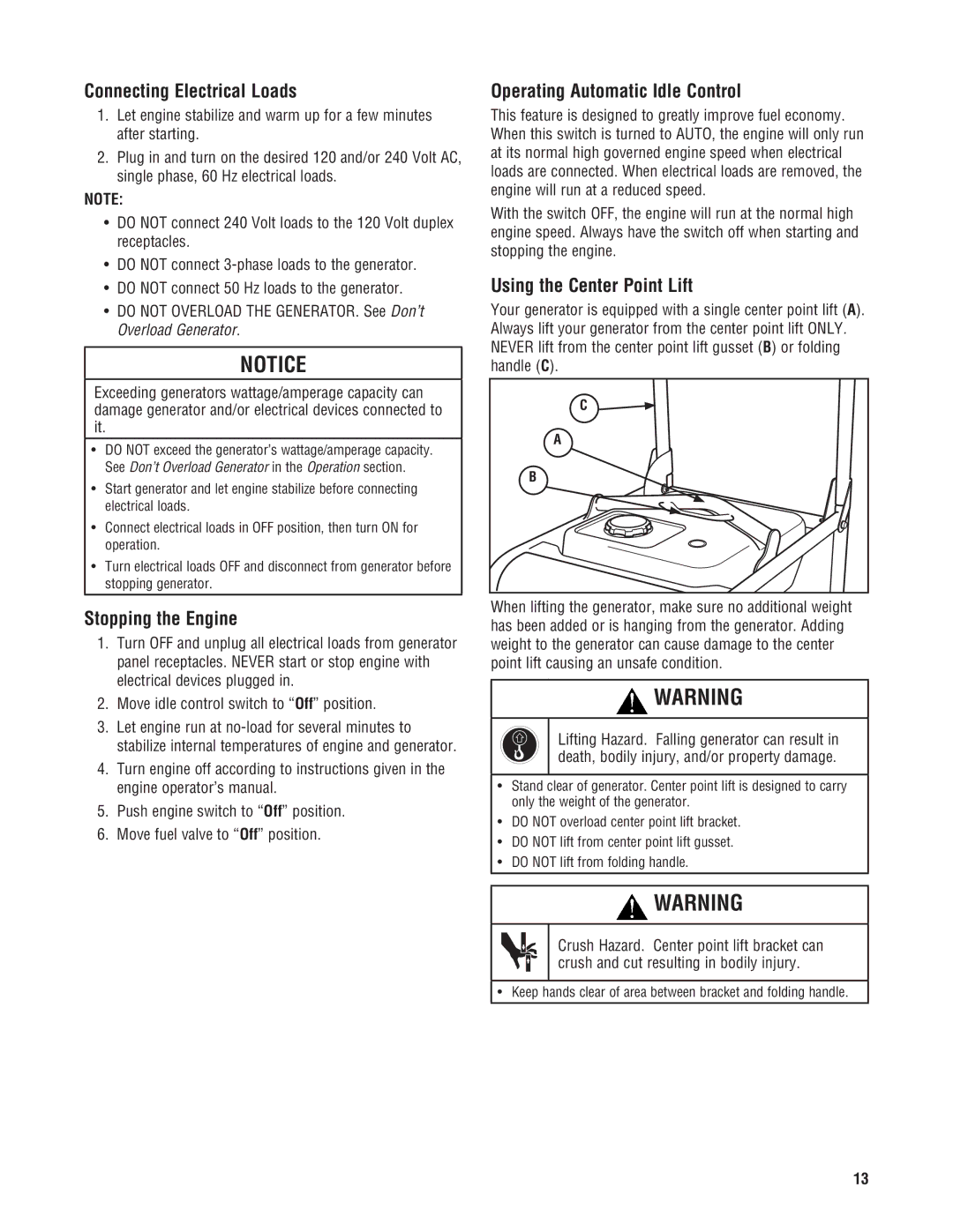 Milwaukee 4960-24, 4970-24 Connecting Electrical Loads, Stopping the Engine, Operating Automatic Idle Control 