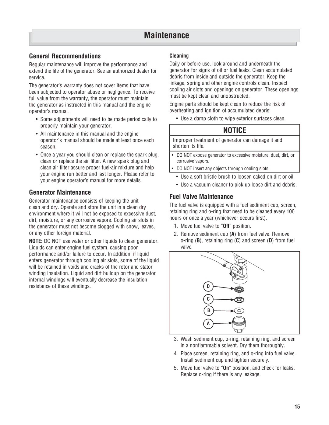 Milwaukee 4960-24, 4970-24 General Recommendations, Generator Maintenance, Fuel Valve Maintenance, Cleaning 