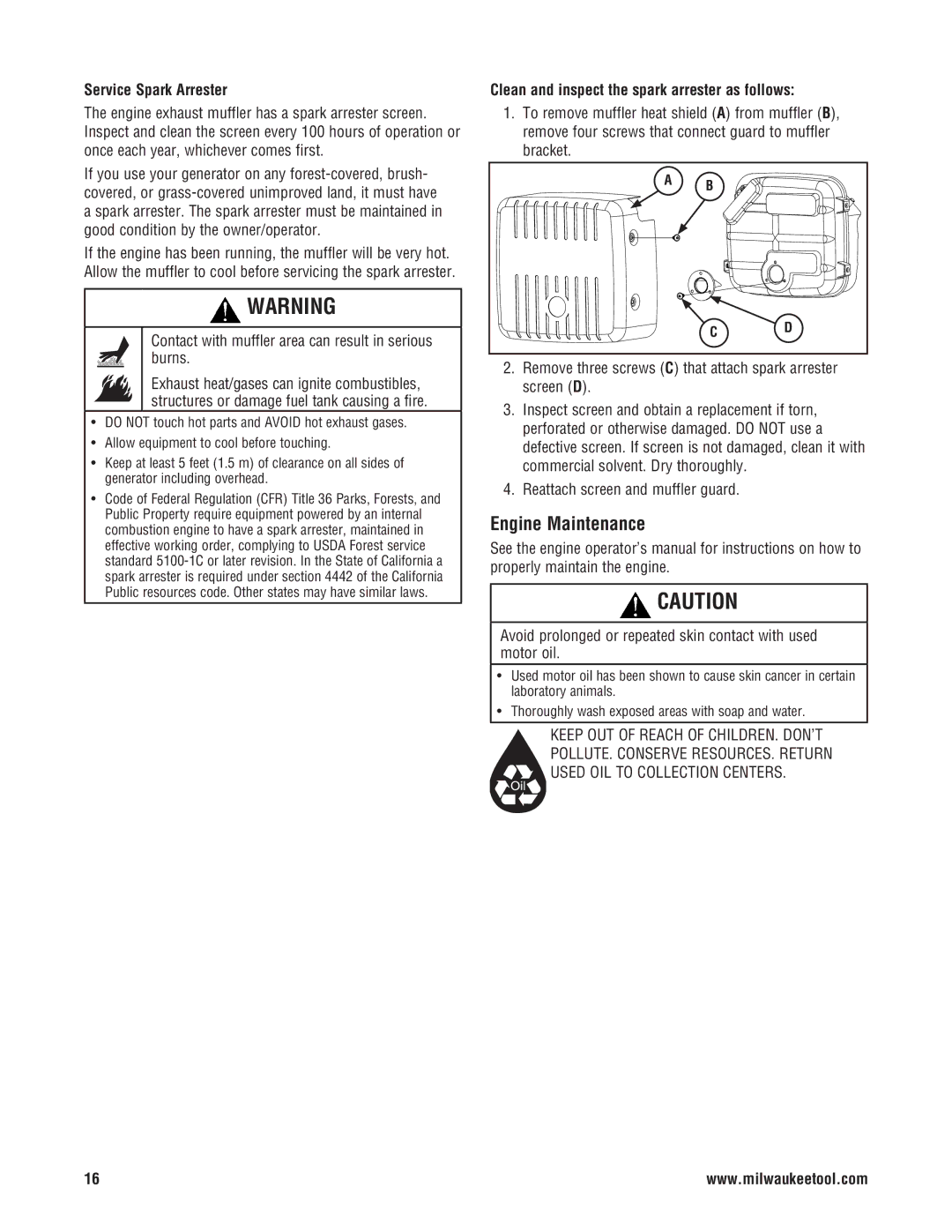 Milwaukee 4970-24, 4960-24 Engine Maintenance, Service Spark Arrester, Clean and inspect the spark arrester as follows 