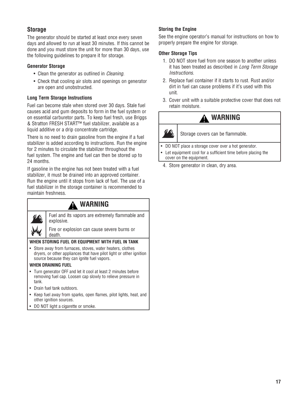 Milwaukee 4960-24, 4970-24 Generator Storage, Long Term Storage Instructions, Storing the Engine, Other Storage Tips 