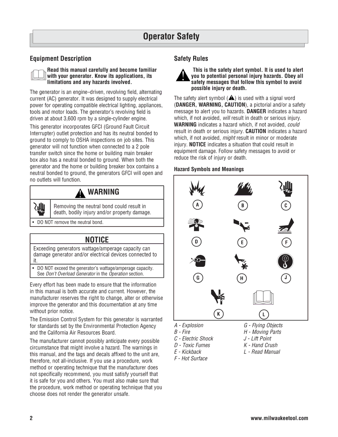 Milwaukee 4970-24 Operator Safety, Equipment Description, Safety Rules, Safety alert symbol is used with a signal word 