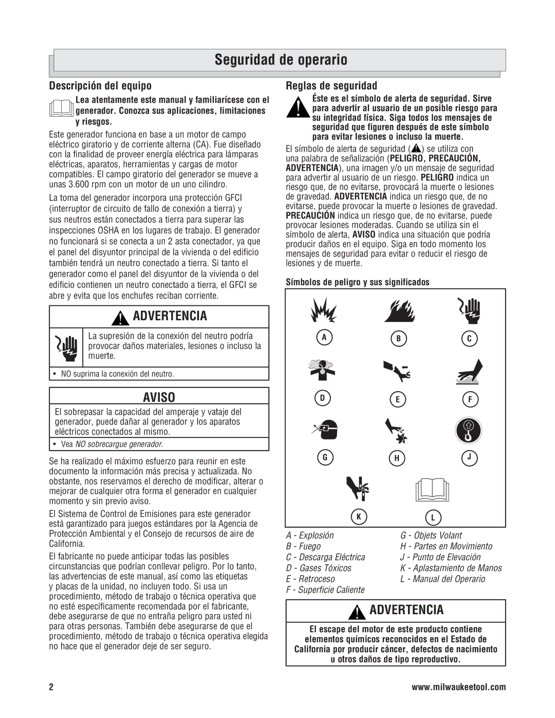 Milwaukee 4970-24 Seguridad de operario, Descripción del equipo, Reglas de seguridad, No suprima la conexión del neutro 