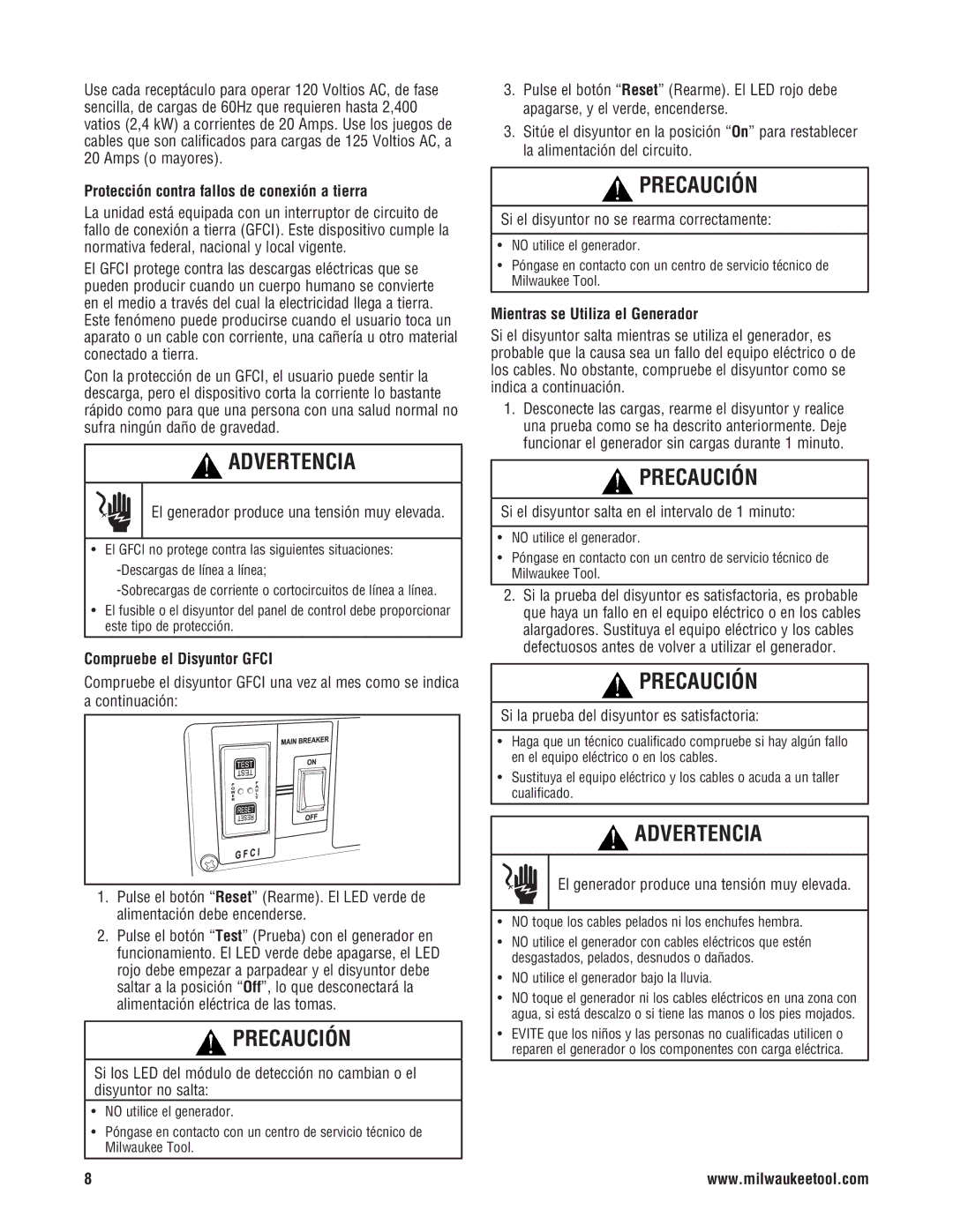 Milwaukee 4970-24, 4960-24 manuel dutilisation Protección contra fallos de conexión a tierra, Compruebe el Disyuntor Gfci 