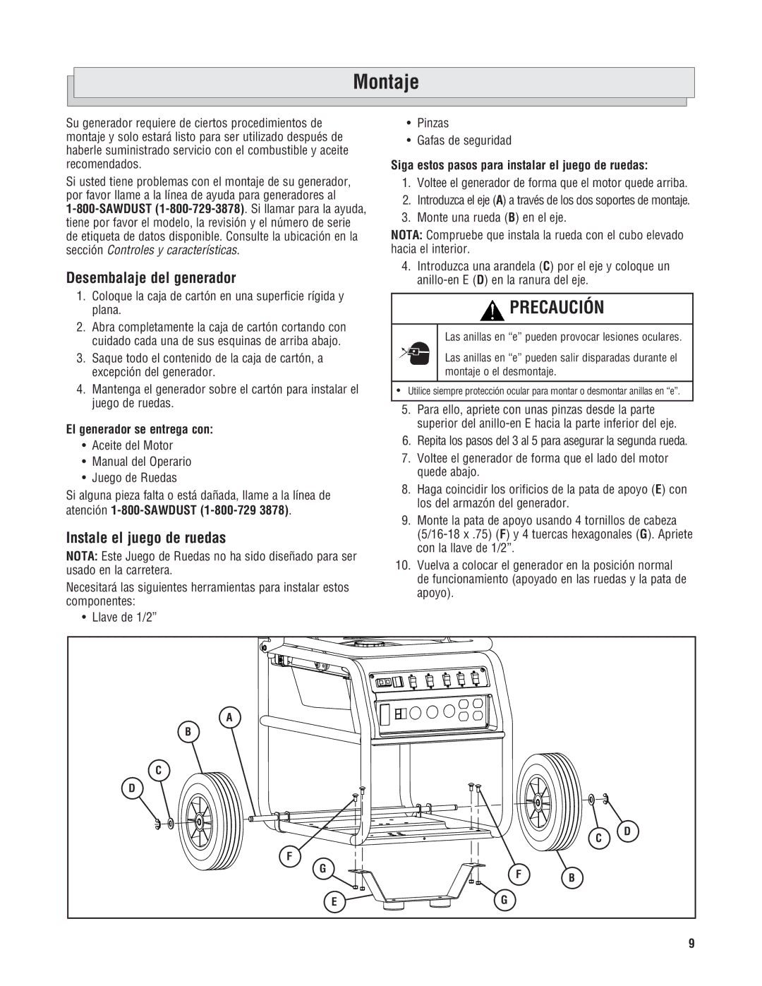 Milwaukee 4960-24, 4970-24 manuel dutilisation Montaje, Desembalaje del generador, Instale el juego de ruedas 