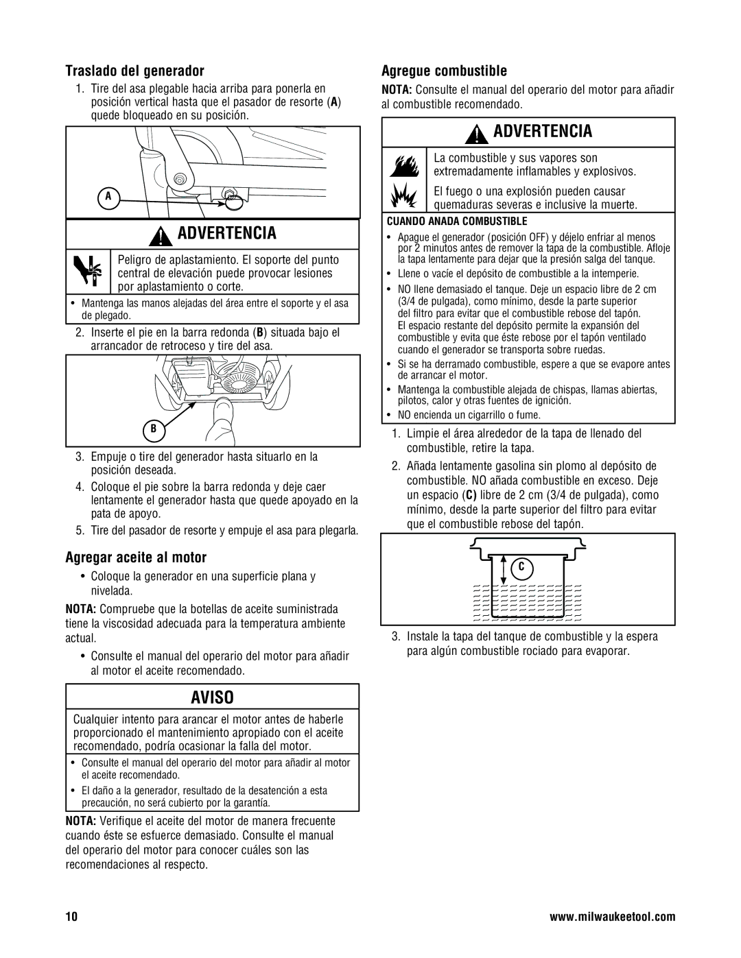 Milwaukee 4970-24, 4960-24 Traslado del generador, Agregar aceite al motor, Agregue combustible, Cuando anada combustible 