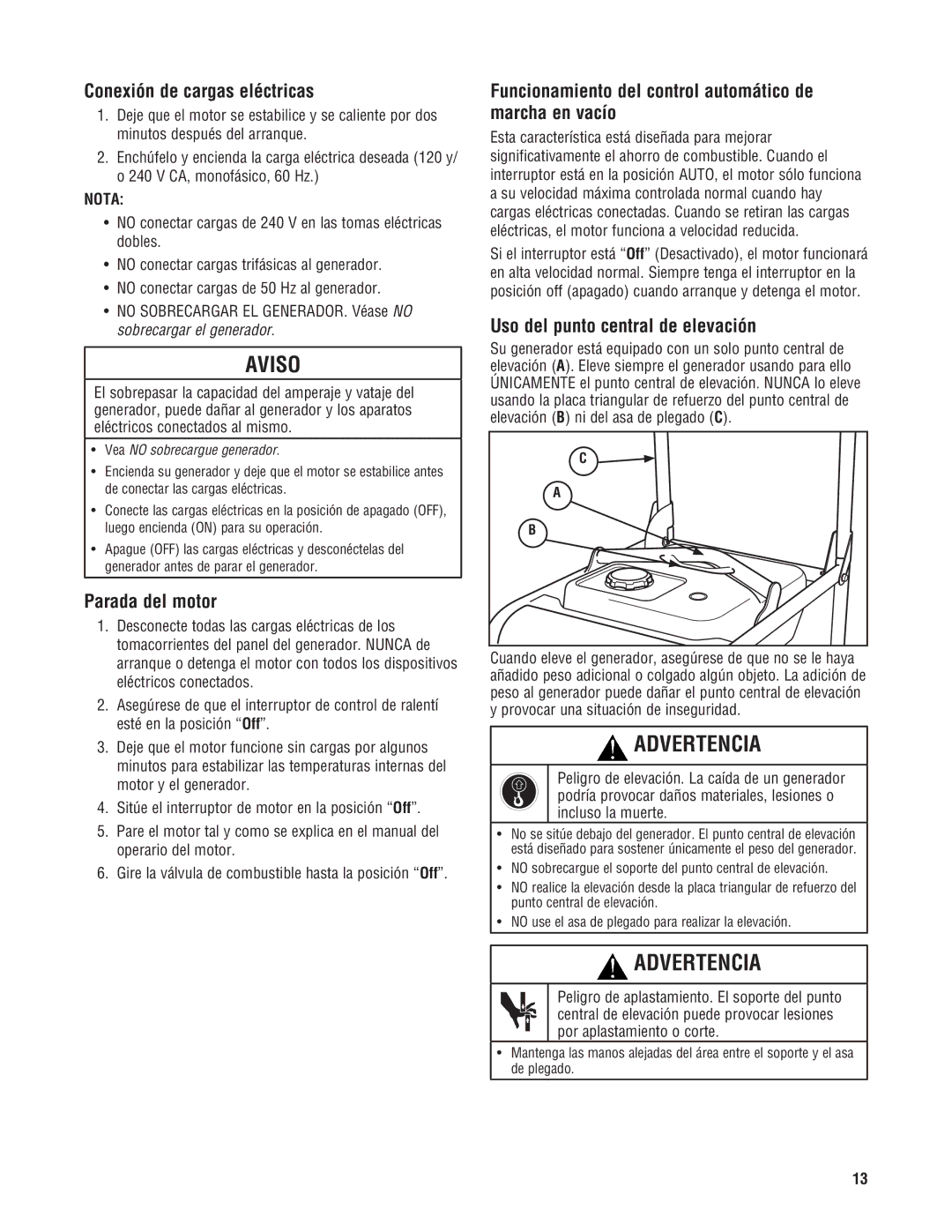 Milwaukee 4960-24, 4970-24 Conexión de cargas eléctricas, Parada del motor, Uso del punto central de elevación 