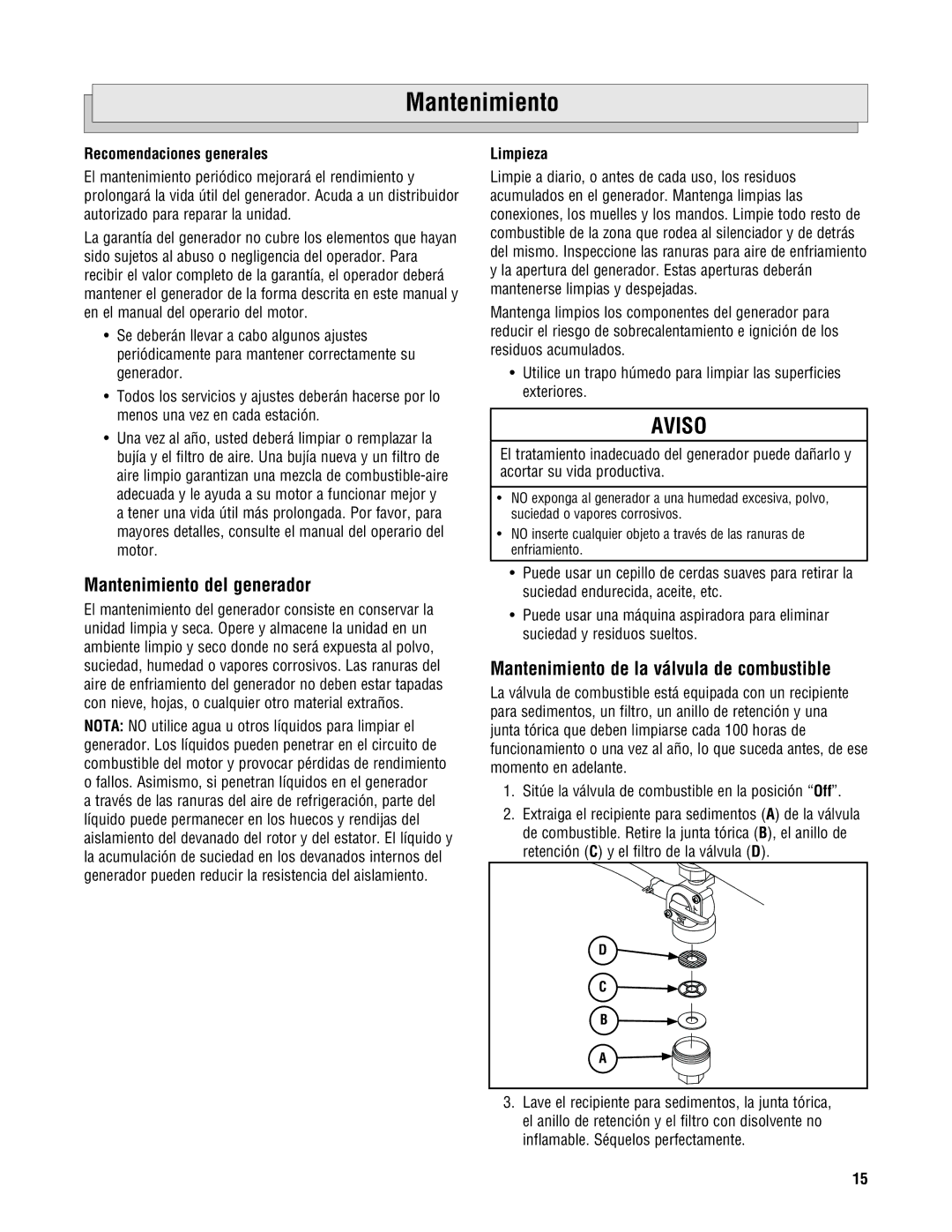 Milwaukee 4960-24 Mantenimiento del generador, Mantenimiento de la válvula de combustible, Recomendaciones generales 