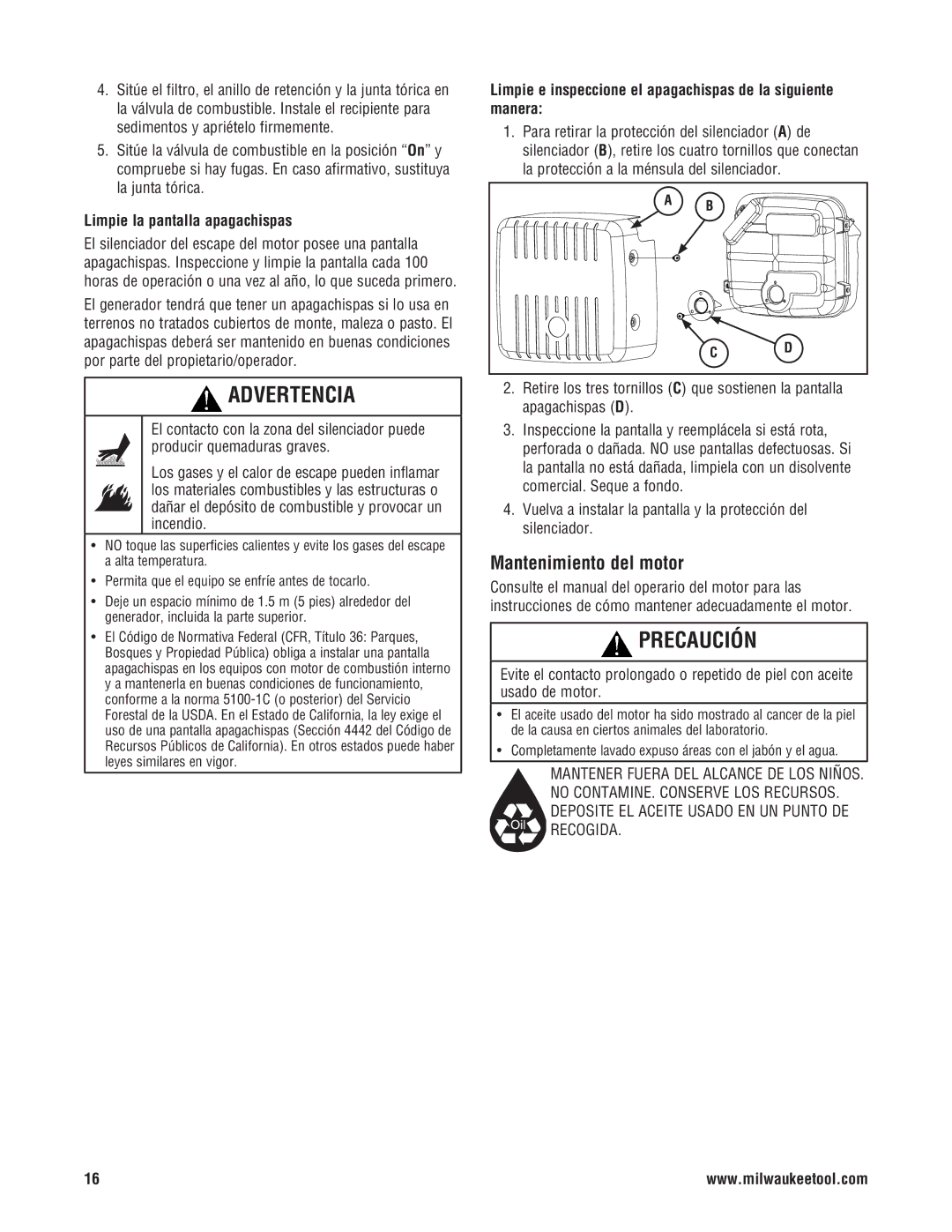 Milwaukee 4970-24, 4960-24 manuel dutilisation Mantenimiento del motor, Limpie la pantalla apagachispas 